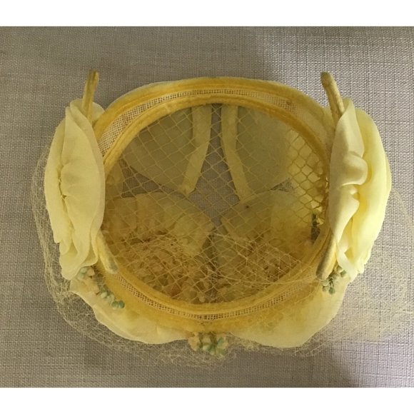 Vintage Couture 50s ,60’s Fascinator Hat Netting Cage Yellow Floral Bow - Picture 5 of 5